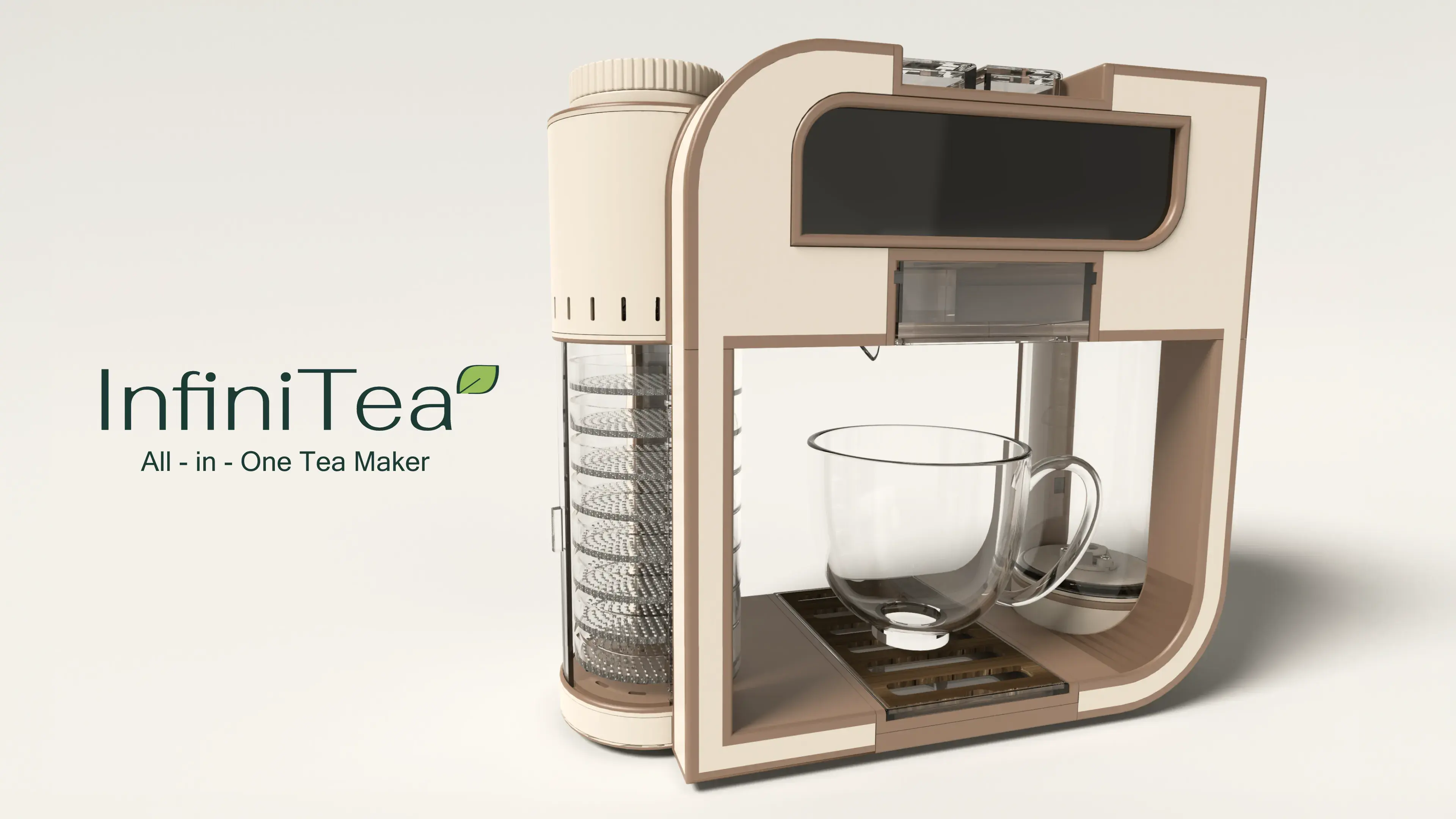 Hero rendering of the Infinitea product in front of a featureless background space. The infinitea branding is prominently displayed on the left half of the image, while the render of the product is featured on the right half.